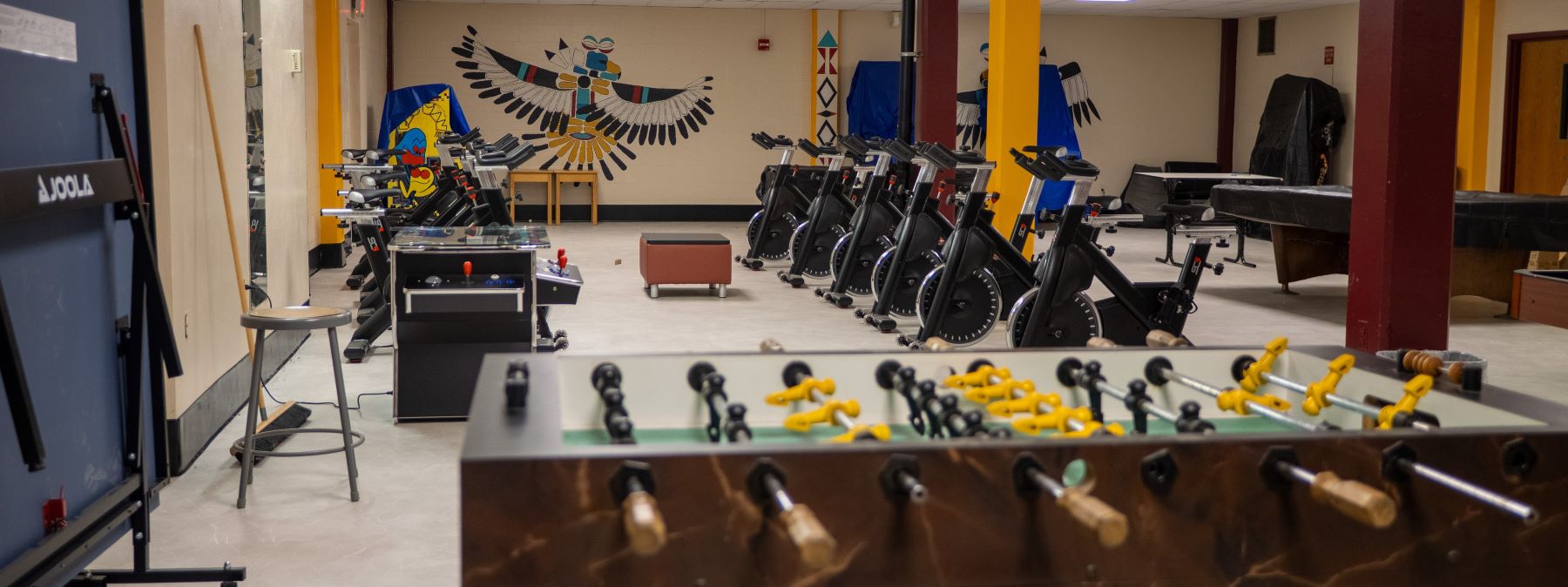 A game room equipped with a foosball table, a ping pong table, and a table tennis table for leisure activities.